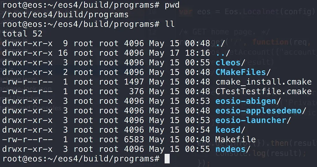 nodeos, cleos, and keosd land in folders of the same names