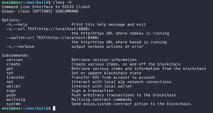cleos -h output