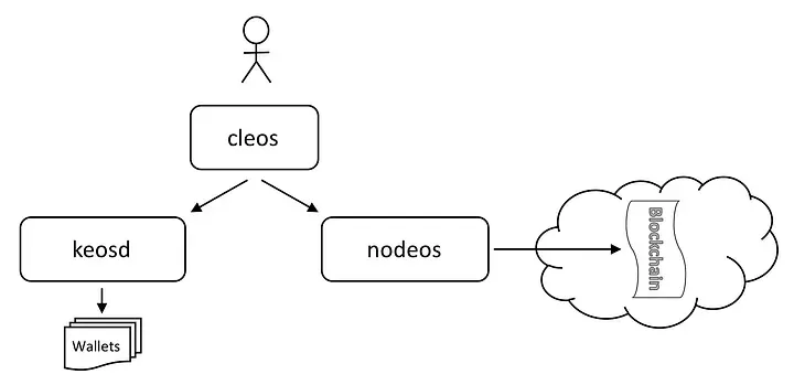 EOS component relationships (source: EOSIO/eos wiki — Local Environment)
