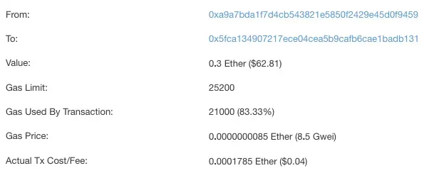 Figure 7. Example of gas fees on an Ethereum transfer