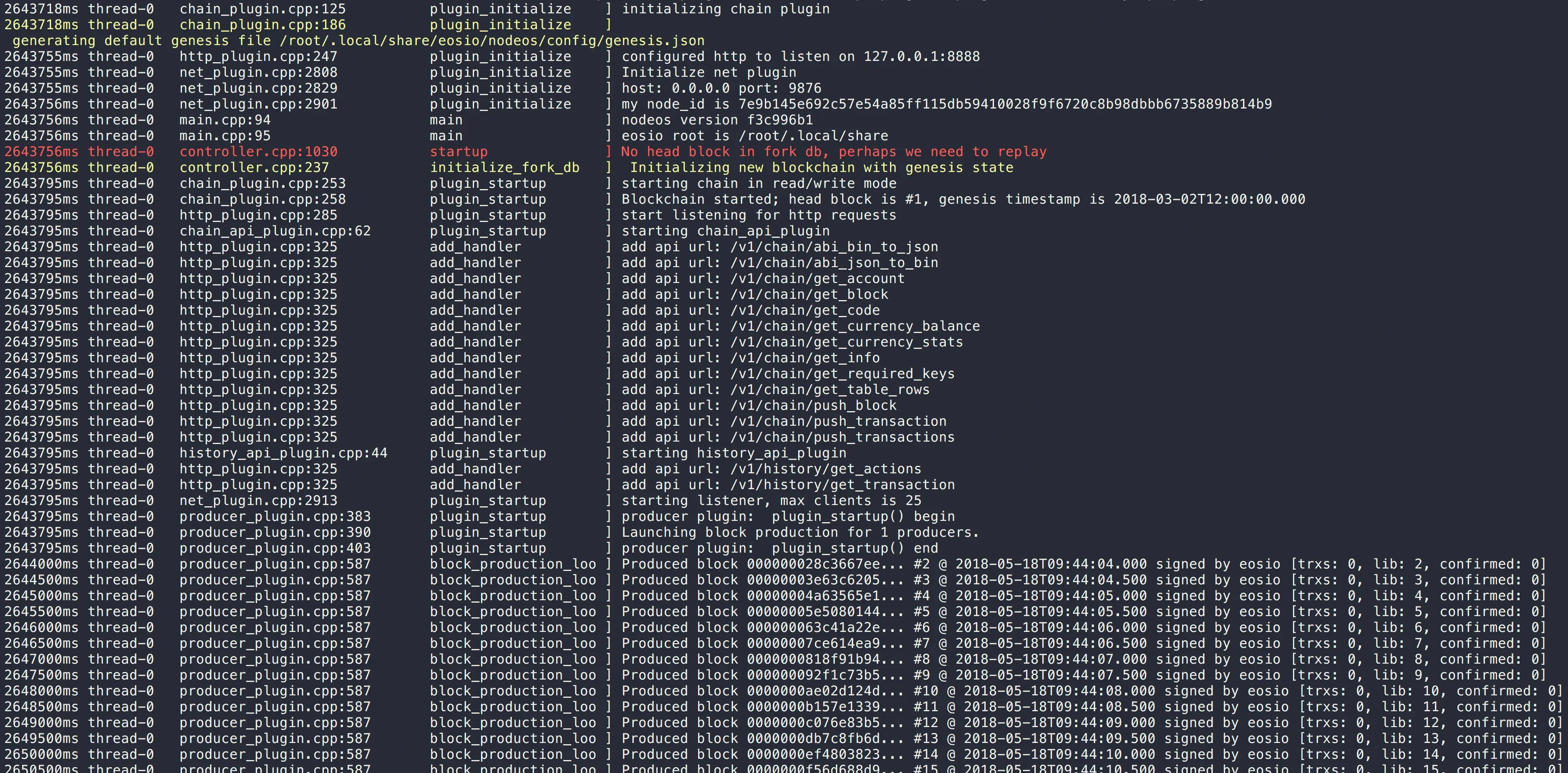 Log output when nodeos starts