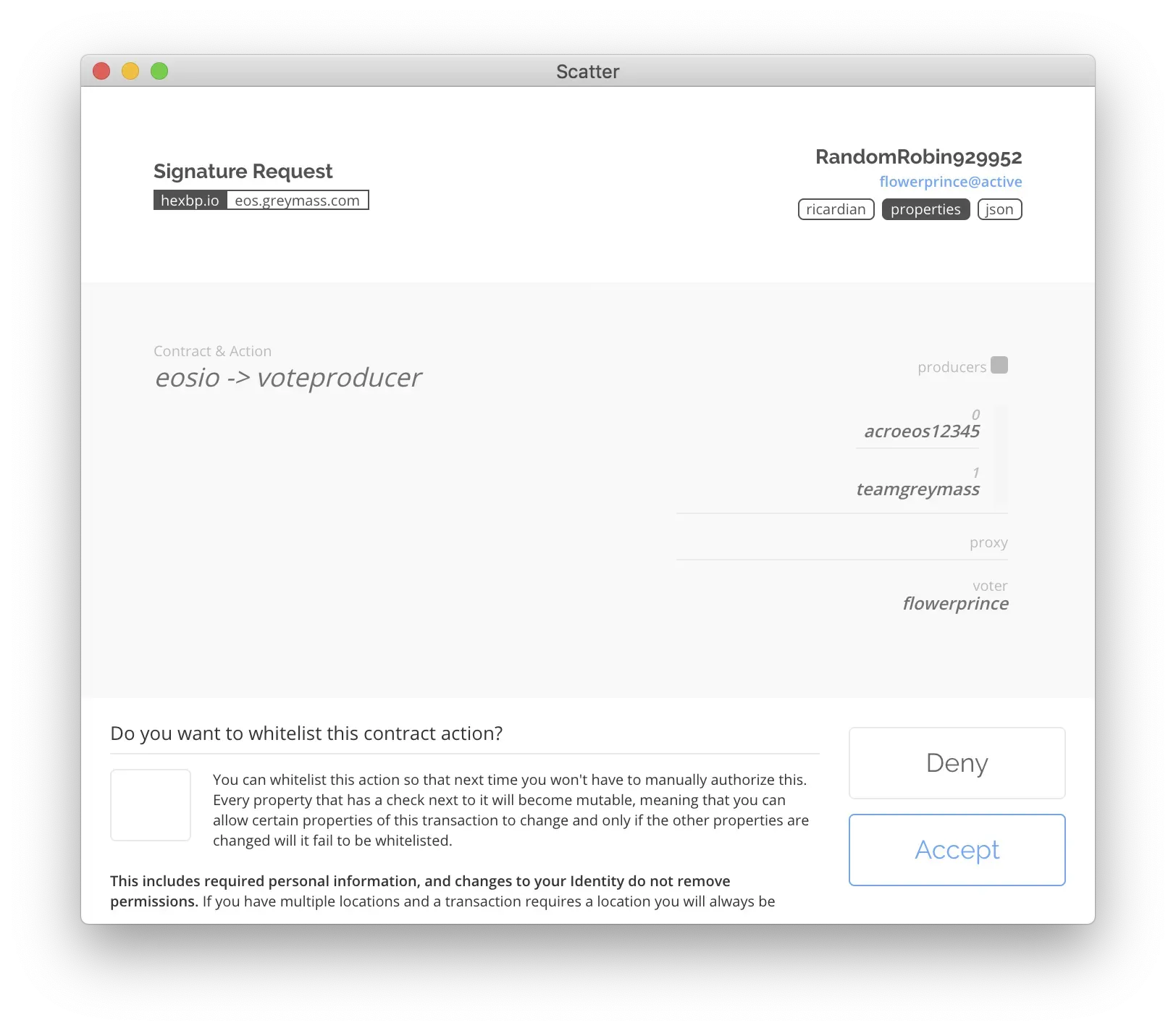 Scatter approval prompt for a vote transaction